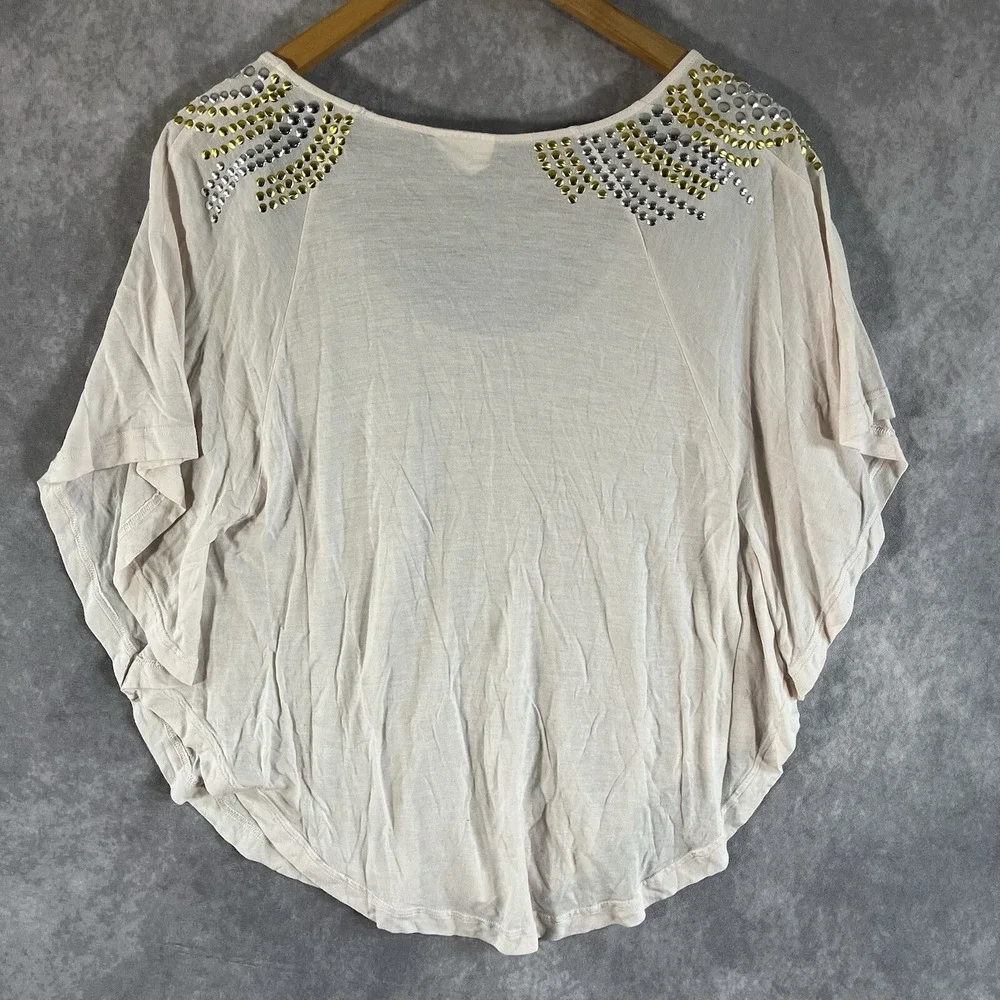 Free People Studded Dolman Top Womens Small Pink Beige Scoop Neck Viscose Boho